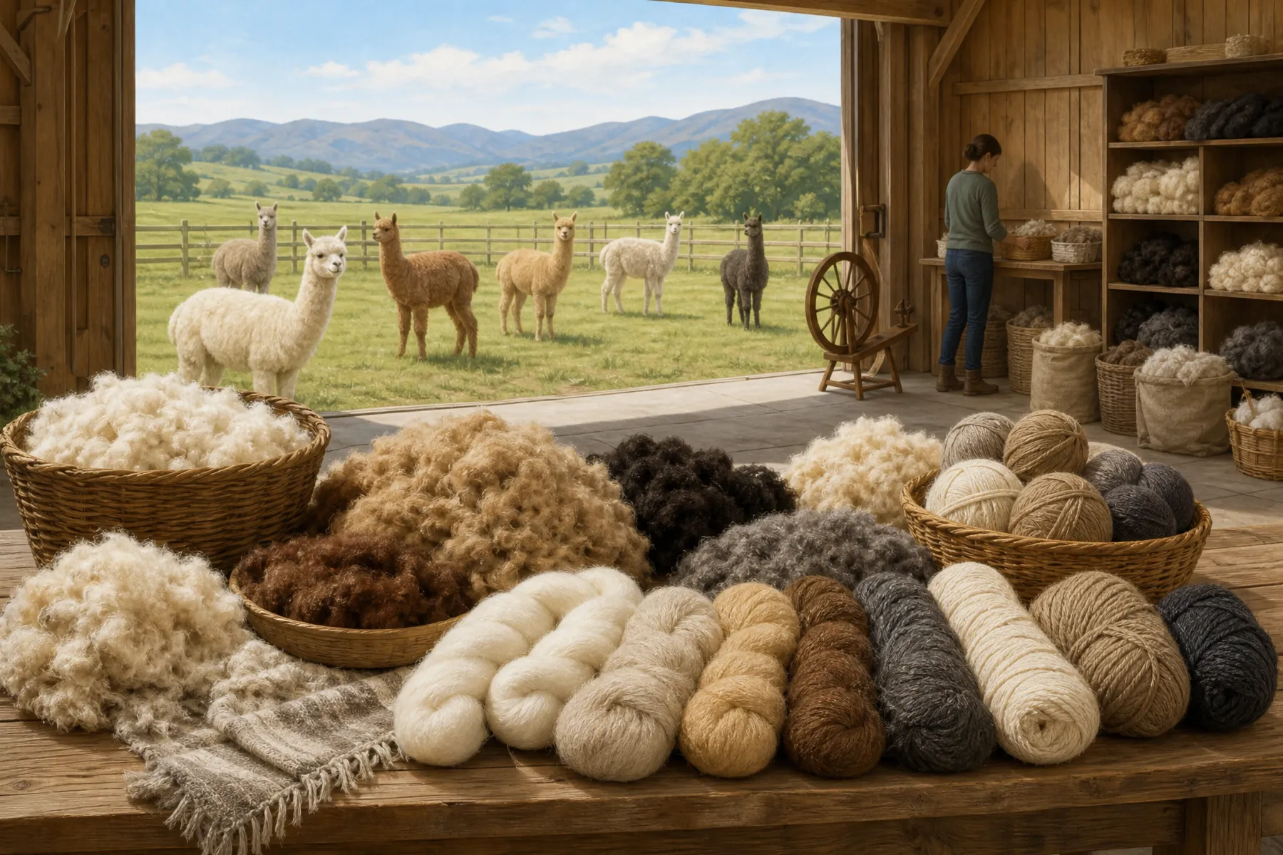 Alpacas visible from a farm workspace containing sorted fleece, roving, and natural-color yarn