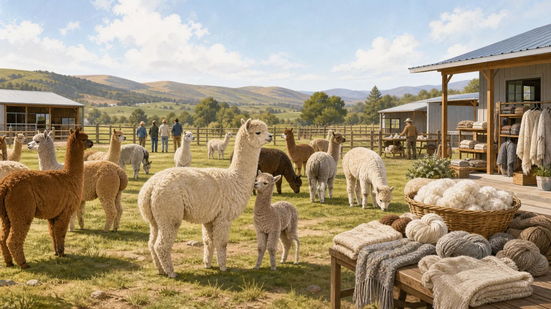 A working alpaca farm with a herd, prepared fiber, farm products, and a small educational visit